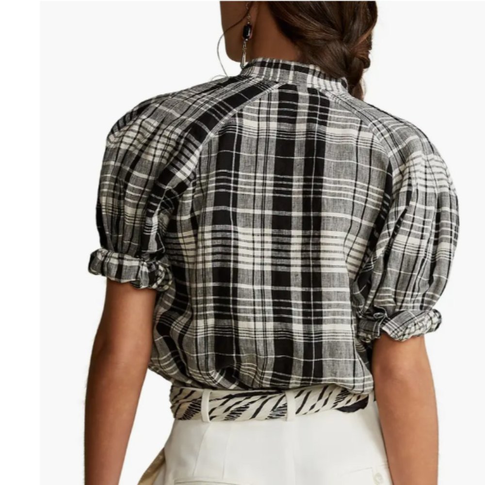 Ralph Lauren Cici Blouson-Sleeve Plaid Linen Popover